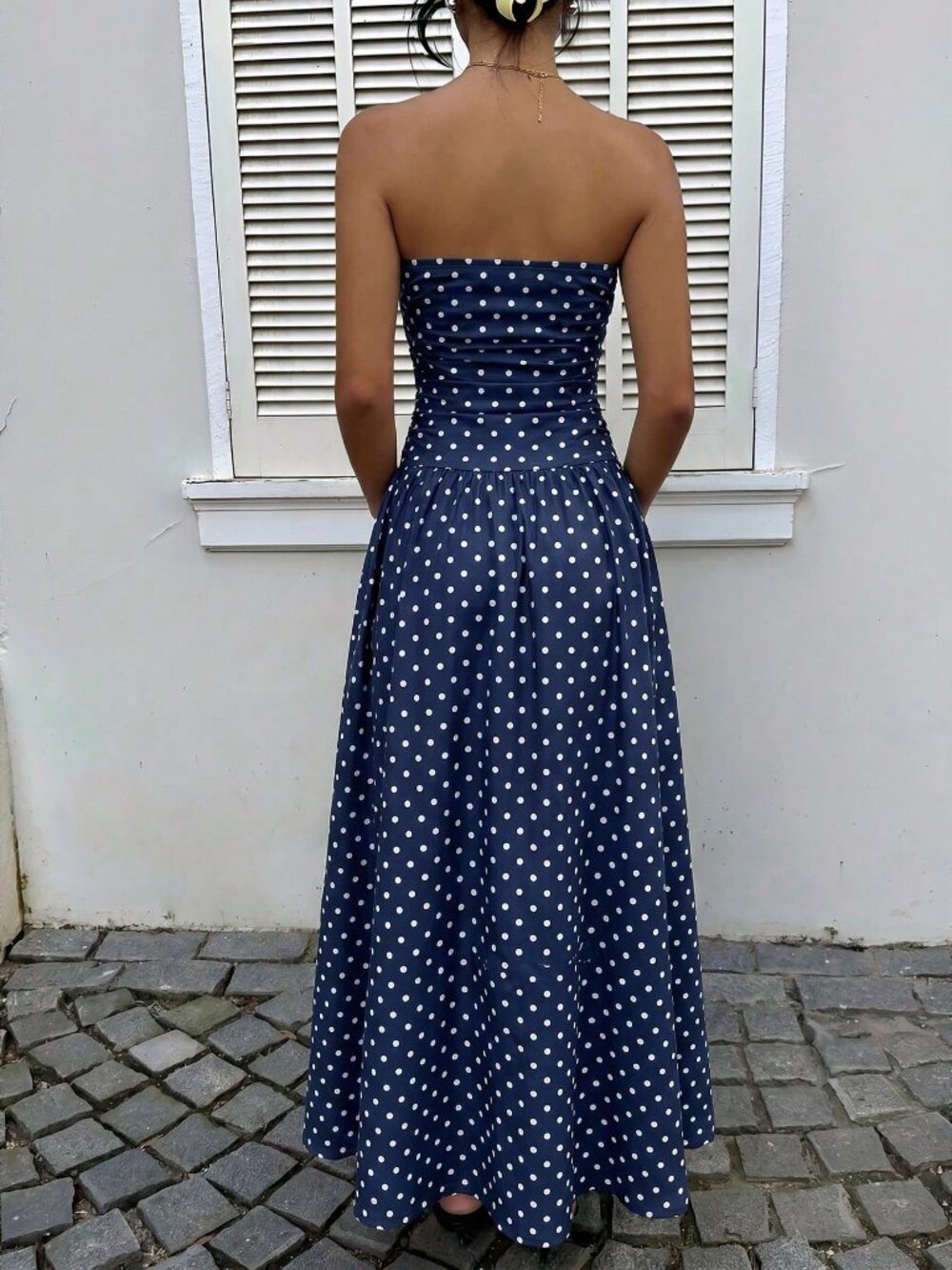 Navy Blue Casual Women's Polka Dot Print Vacation Dress - Picture 2 of 6